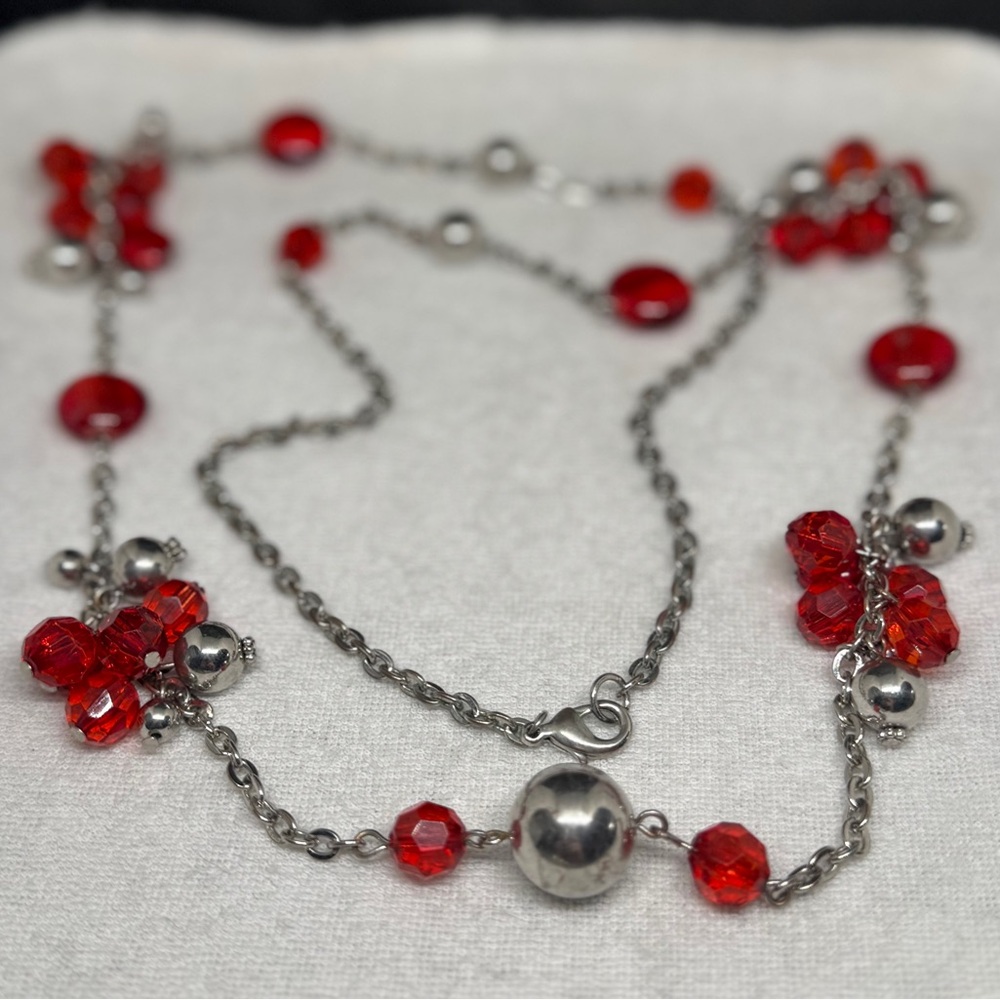 Vintage Red and Silver Beaded Necklace